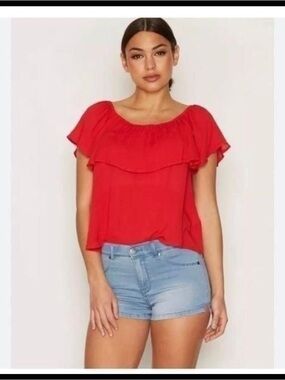 AGB Bright Red Ruffle-Trim Blouse